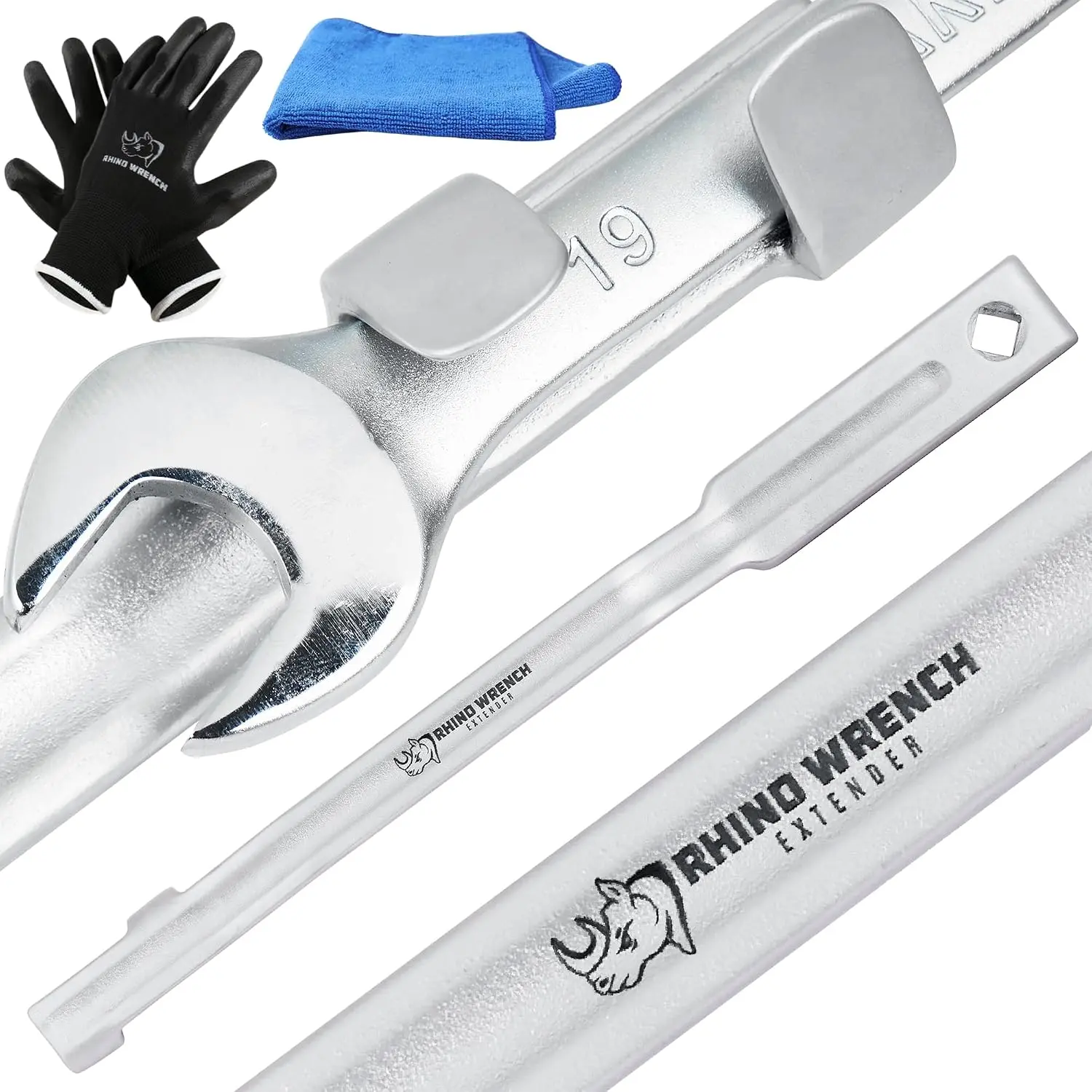 Rhino Wrench Extender Tool Bar - Extra-Long 15" Wrench Extension for Maximum Leverage - Heavy Duty Torque Multiplier with Non-Slip Gloves and Microfiber Towel - Specialty Tools ()