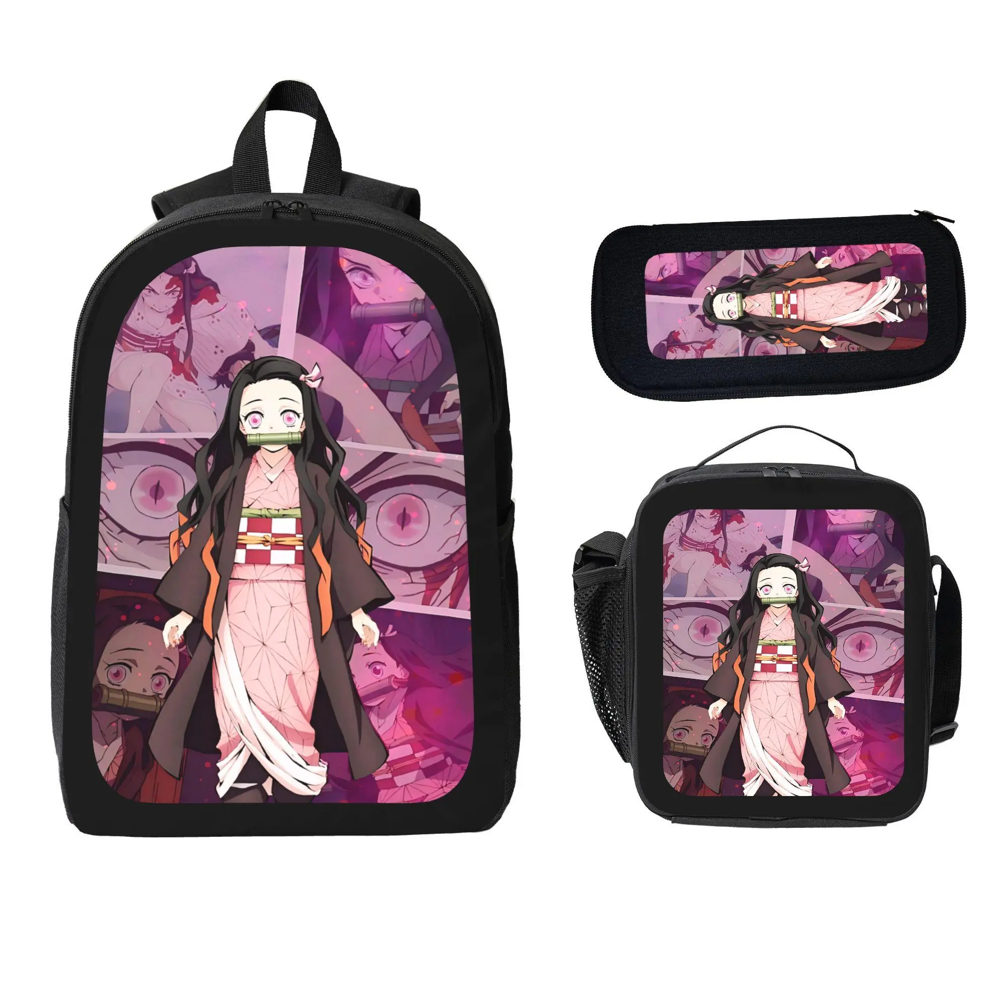 Unisex Anime Nezuko Artwork 3-Piece School Backpack Bundle - Includes Lunch Box, Pencil Case, Built-in Organizer, Keeps Food Fresh, Adds Charm, All Seasons, Anime Fan Favorite, For School Use