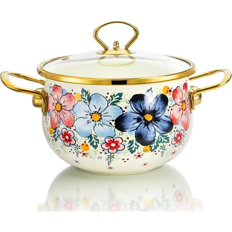 3 Qt Enamel Cookware Pot with Glass Lid, Vintage Floral Handles, Compatible with Induction & Gas Stoves for Boiling, Braising