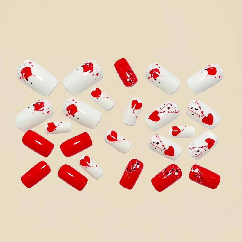 24PCS Valentine’s Day Press On Nails – Red Heart Smudge Design, Medium Long Square Fake Nails, Glossy Solid Color Manicure for Holiday Parties, Date Night & Everyday Wear