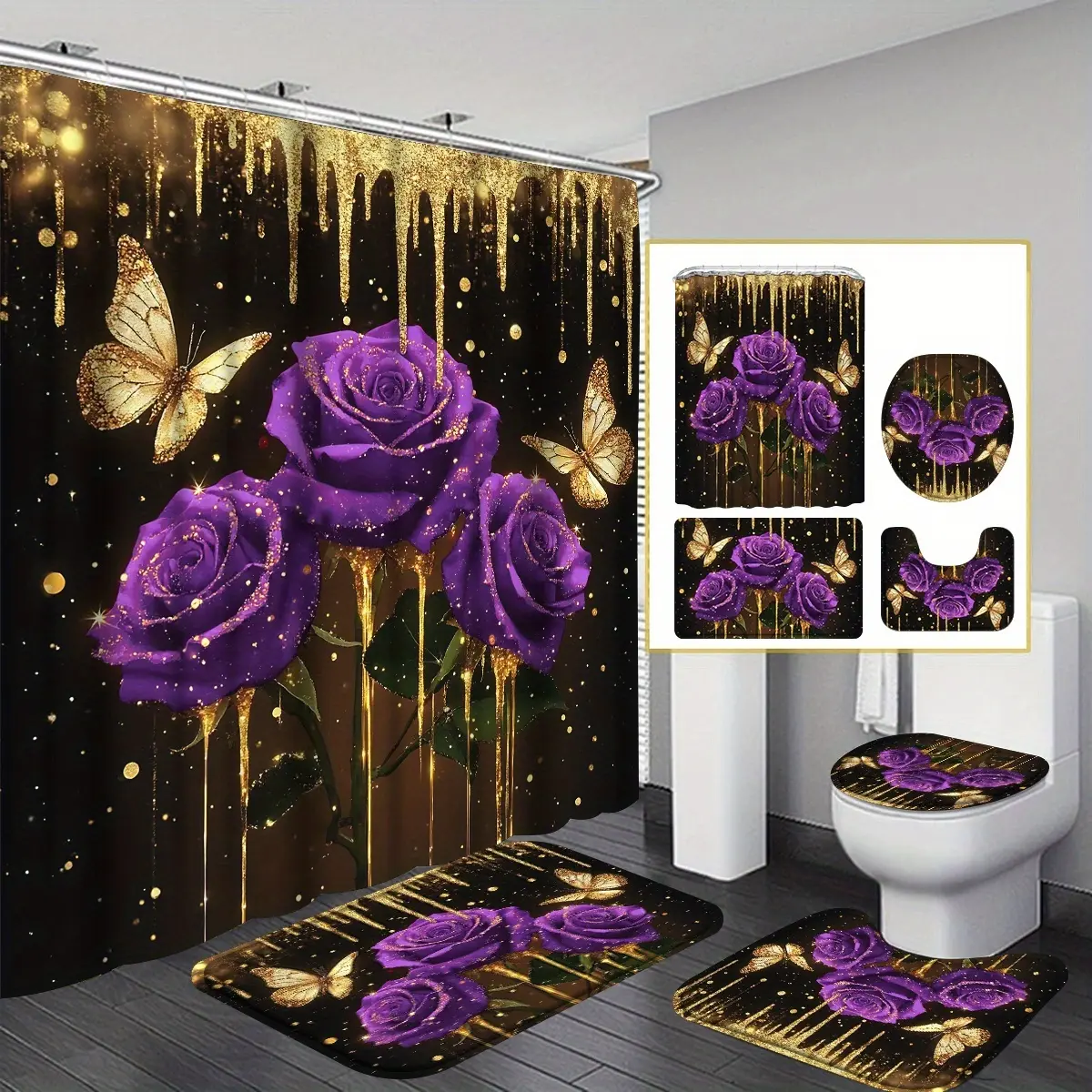 4-Piece luxury purple rose butterfly shower curtain set, including non-slip floor mat, U-shaped toilet seat and cover cover - elegant shower curtain combination with 12 hooks, suitable as a housewarming gift to create a luxurious bathroom space