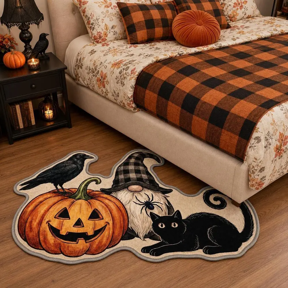 Vintage Gothic Pumpkin Raven Goblin Cat Shaped Rug, Soft Velvet Indoor Carpet, Fall Festival Home Decor Mat for Entryway Bedroom Hallway