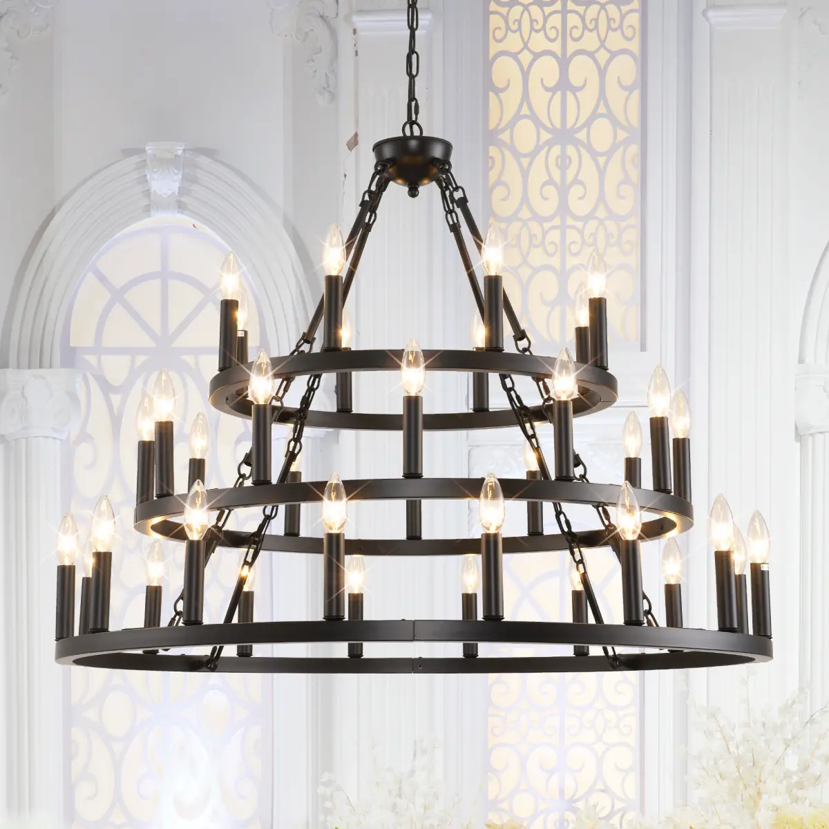 39.37 INCH 3 Tiers Wagon Wheel Chandelier  Farmhouse 36-Light(8+12+16) , Black Metal Chandeliers 3-Story Light Fixtures Industrial for High Ceiling Living Dining Room Foyer.Adjustable Height-E12