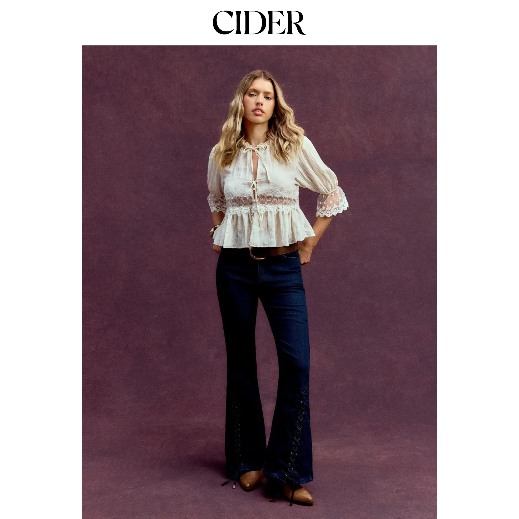 Cider Round Neckline Lace Beaded Puff Sleeve Blouse