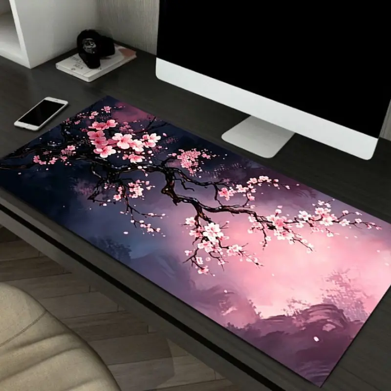 Large Gaming Mouse Pad with Cherry Blossom Design, Non-Slip Rubber Base, Washable and Durable, Ideal for Gamers and Office Use