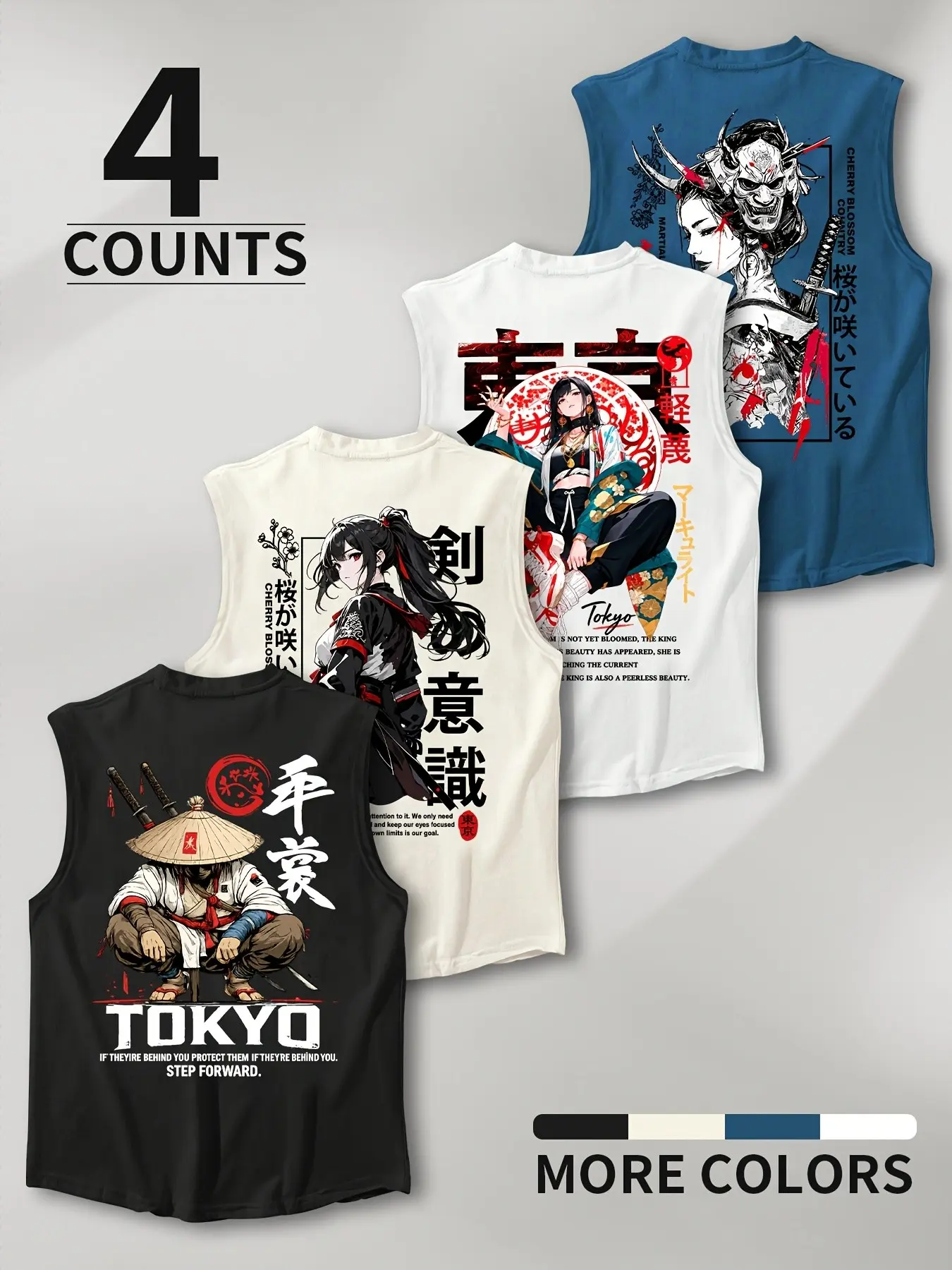 Tokyo Anime Graphic Tank Top Vests Men's Sleeveless Gym Muscle Shirt Japanese Samurai Print Streetwear Summer Workout Tee 4-Pack