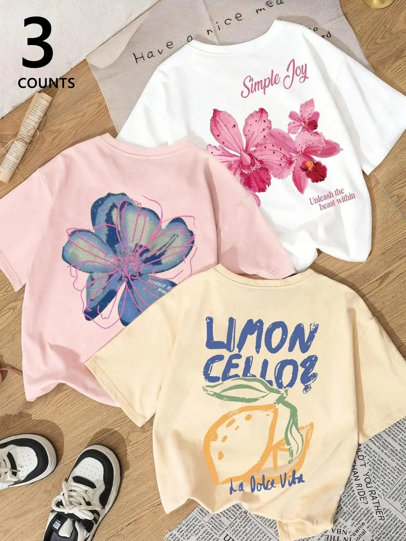 Summer Women's Floral Lemon Print Loose Fit Casual T-Shirt, Comfortable Breathable Fashion, Trendy and Versatile, Short Sleeve Top