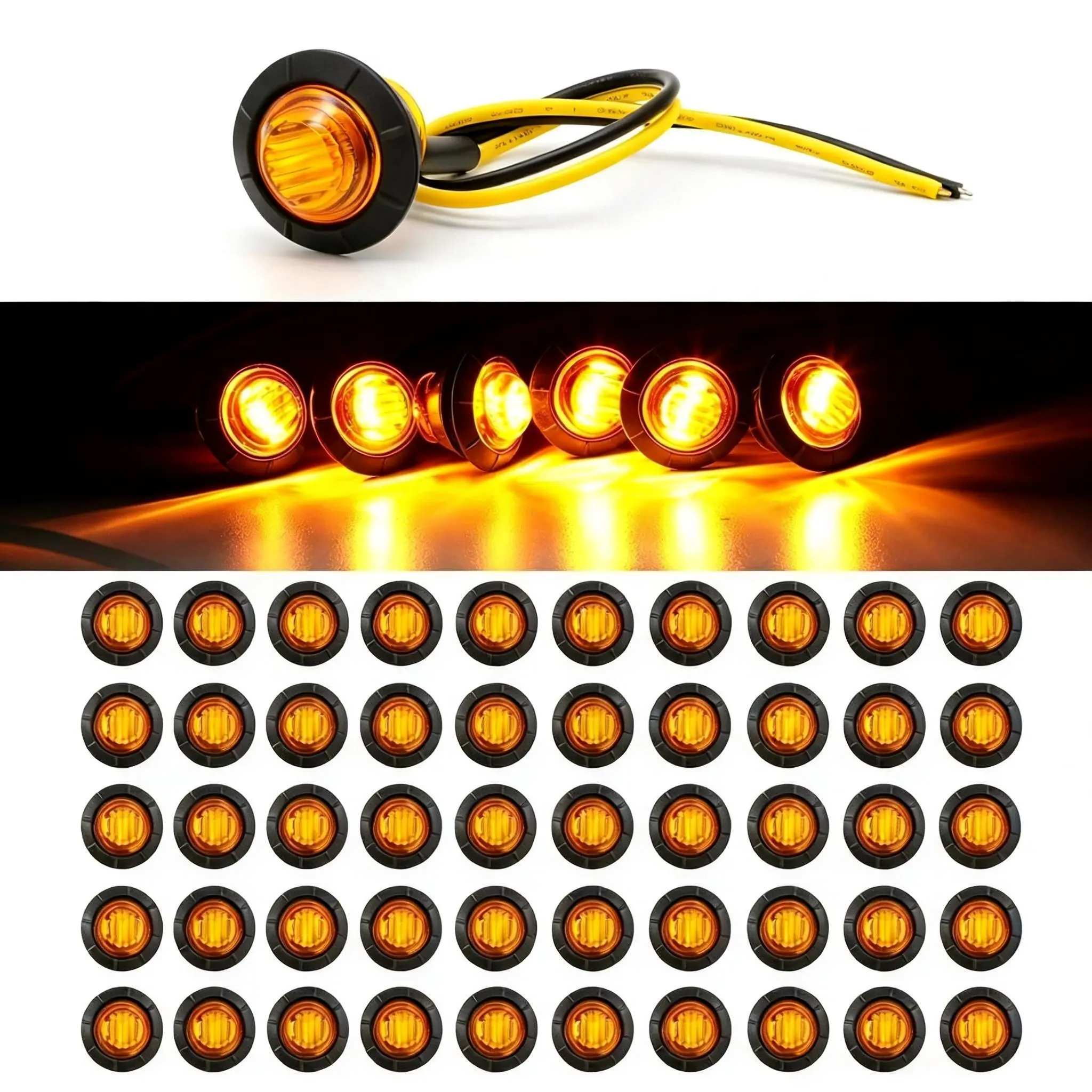 50 Pcs 3/4 Inch Amber LED Mini Round Rubber Trailer Side Marker Lights Waterproof Sealed 12V DC Auxiliary Clearance Signal Truck Accessories Kit For Trucks
