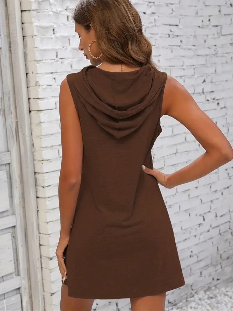 Women's Plain Drawstring Hooded Dress, Casual Sleeveless Dress for Summer, Ladies Clothes for Daily Wear