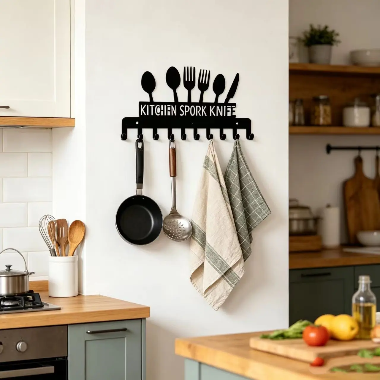 Kitchen Letter Design Fork Spoon Iron Hook, Wall Mounted Kitchen Organizer, Pot Utensil Towel Key Holder, Home Kitchen Storage Solution