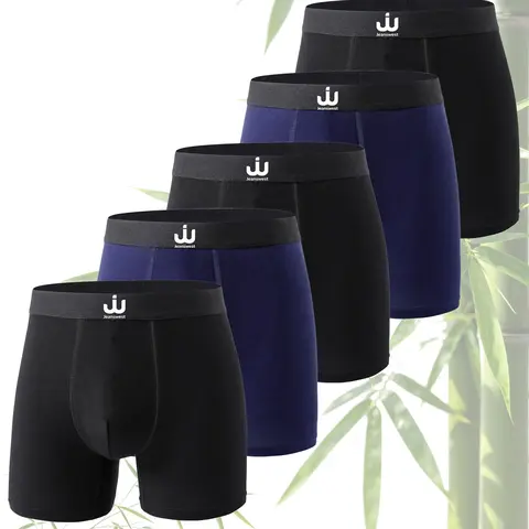 Men's 5-Pack Natural Bamboo Fiber Long Boxer Briefs, Anti-Curling Breathable Cool Underpants, Casual Comfy Underwear for All Seasons