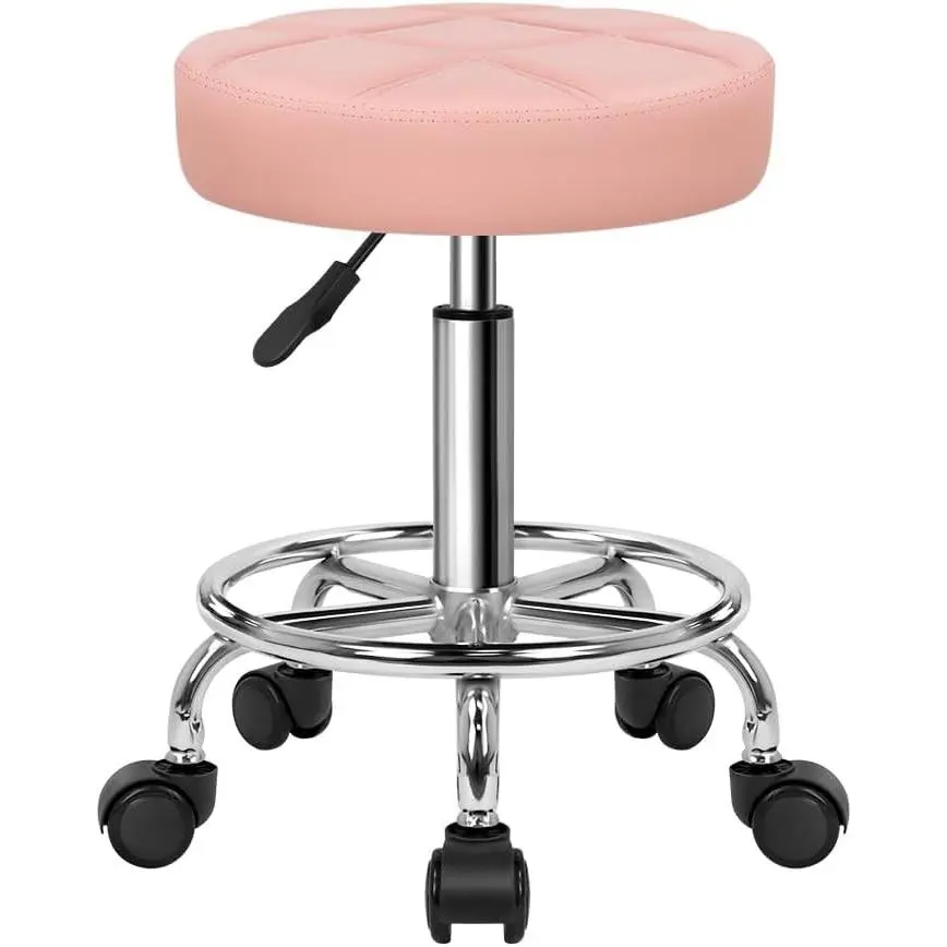 PU Leather Small Size Drafting Stool - Height Adjustable, 360-Degree Swivel, Round Rolling Stool with Wheels, Without Arms, Easy Setup for Office, SPA Shop Use (Pink)