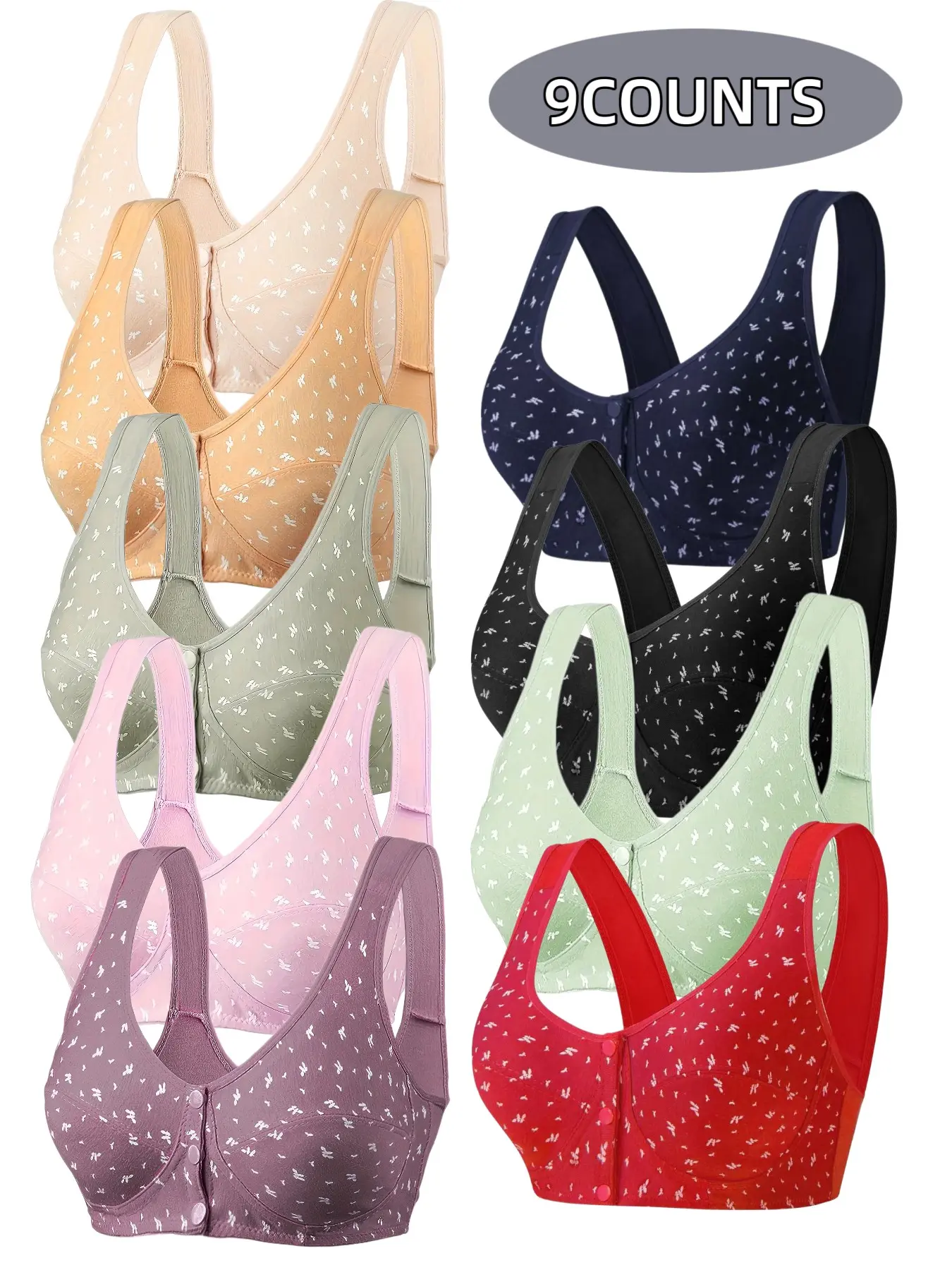9-Pack Women's Wire-Free Front Buckle Bra, Seamless Comfort Fit, Daily Wear Underwire Free Bra, Breathable Soft Fabric, Full Day Support