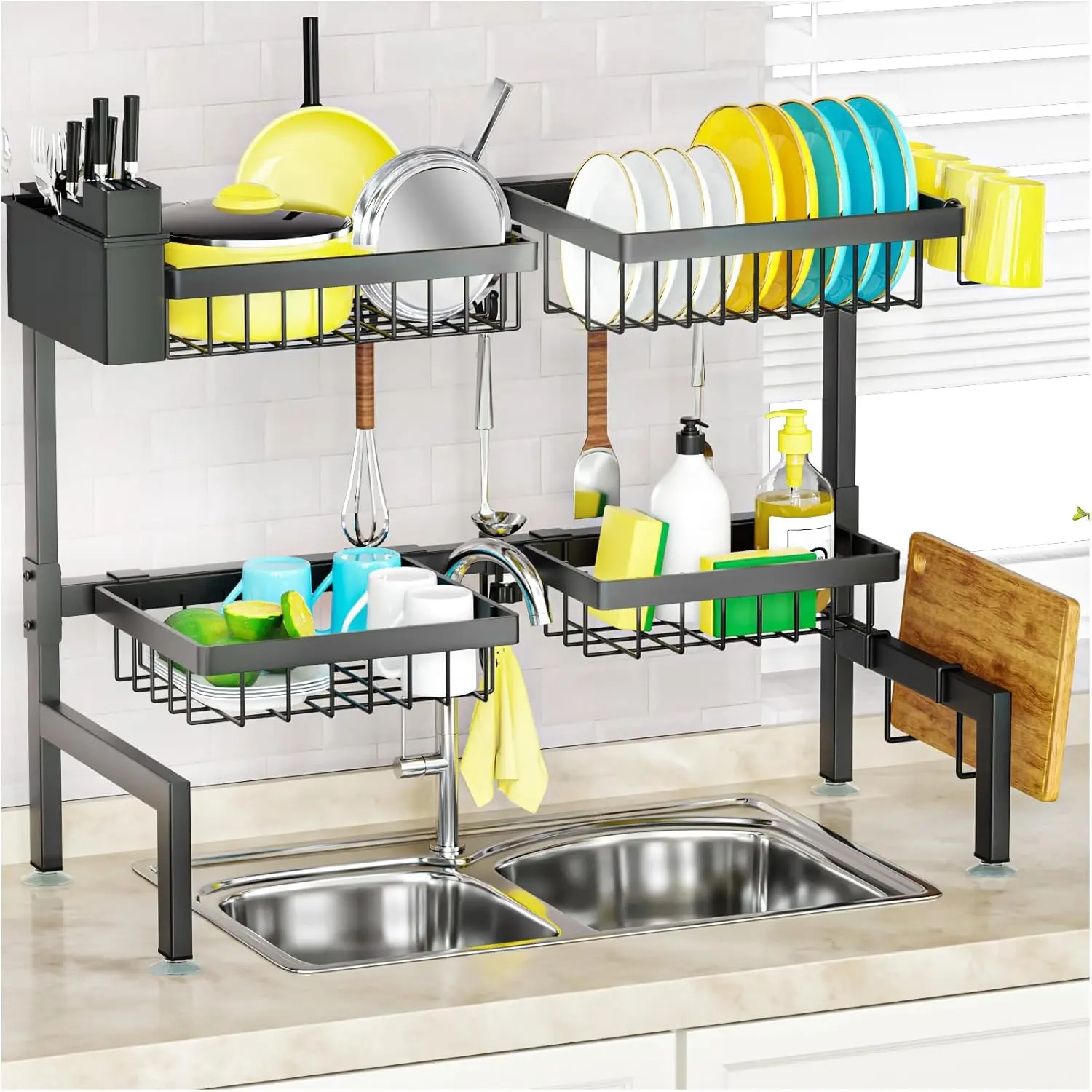 2‑Tier Over‑the‑Sink Dish Drying Rack with 4 Baskets, 26.57"‑35" Adjustable Expandable Sink Rack, Space‑Saving Kitchen Storage Organizer