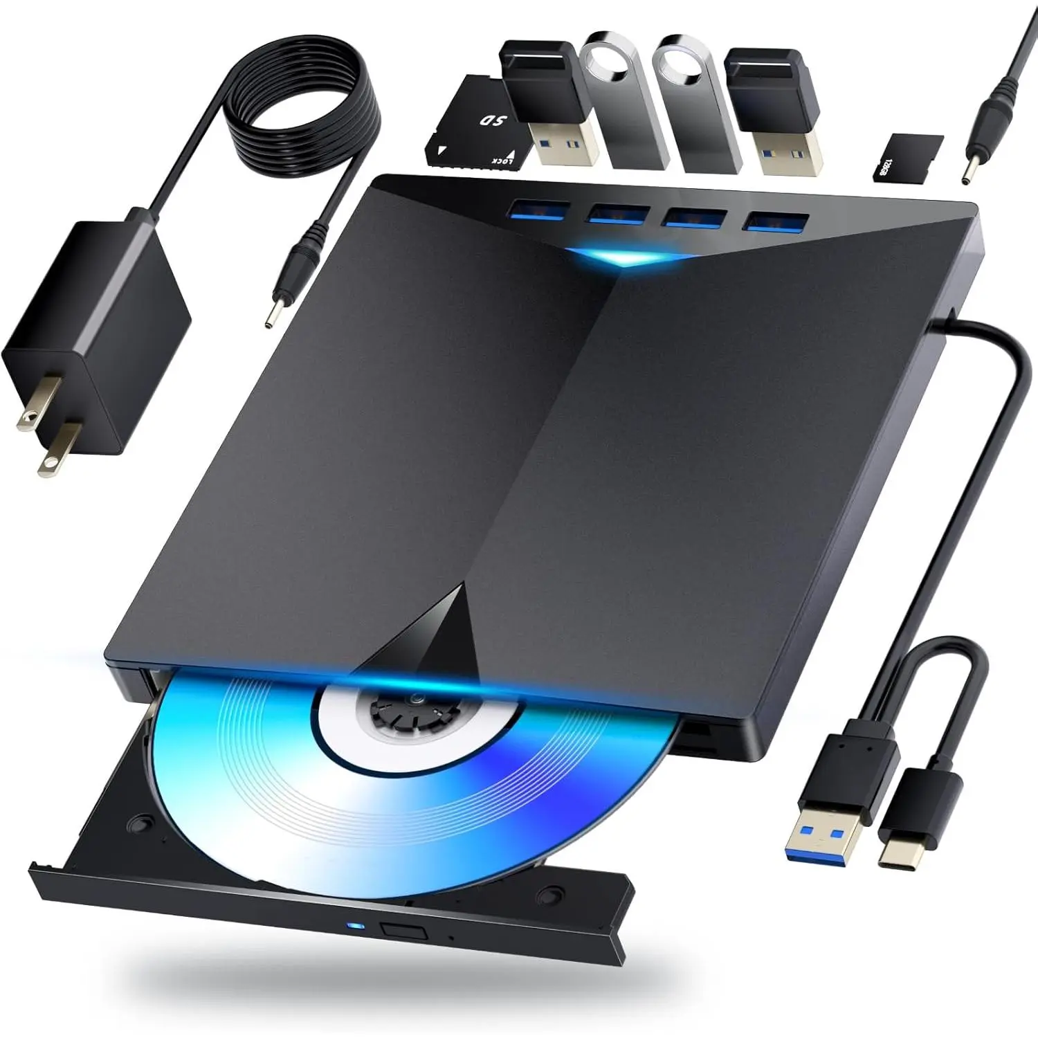External Blu-ray Drive, Compatible with BD/DVD/CD Player/Read/Write USB 3.0 &/Type-C Windows 7-11 &  PC-Compatible with TF/SD/USB