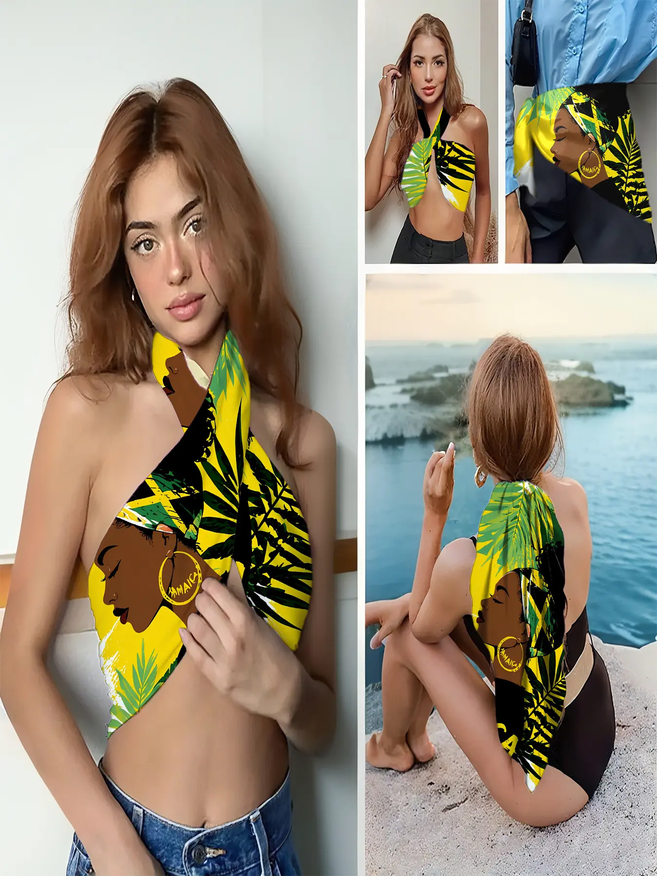 【Jamaica Culture】Scarf Shawl Wrap with Afrocentric Woman Silhouette, Palm Fronds & Vibrant Brushstrokes – Ideal for Caribbean Cultural Events, Reggae Festivals, Island Resort Wear, Heritage Celebrations and Tropical Summer Style