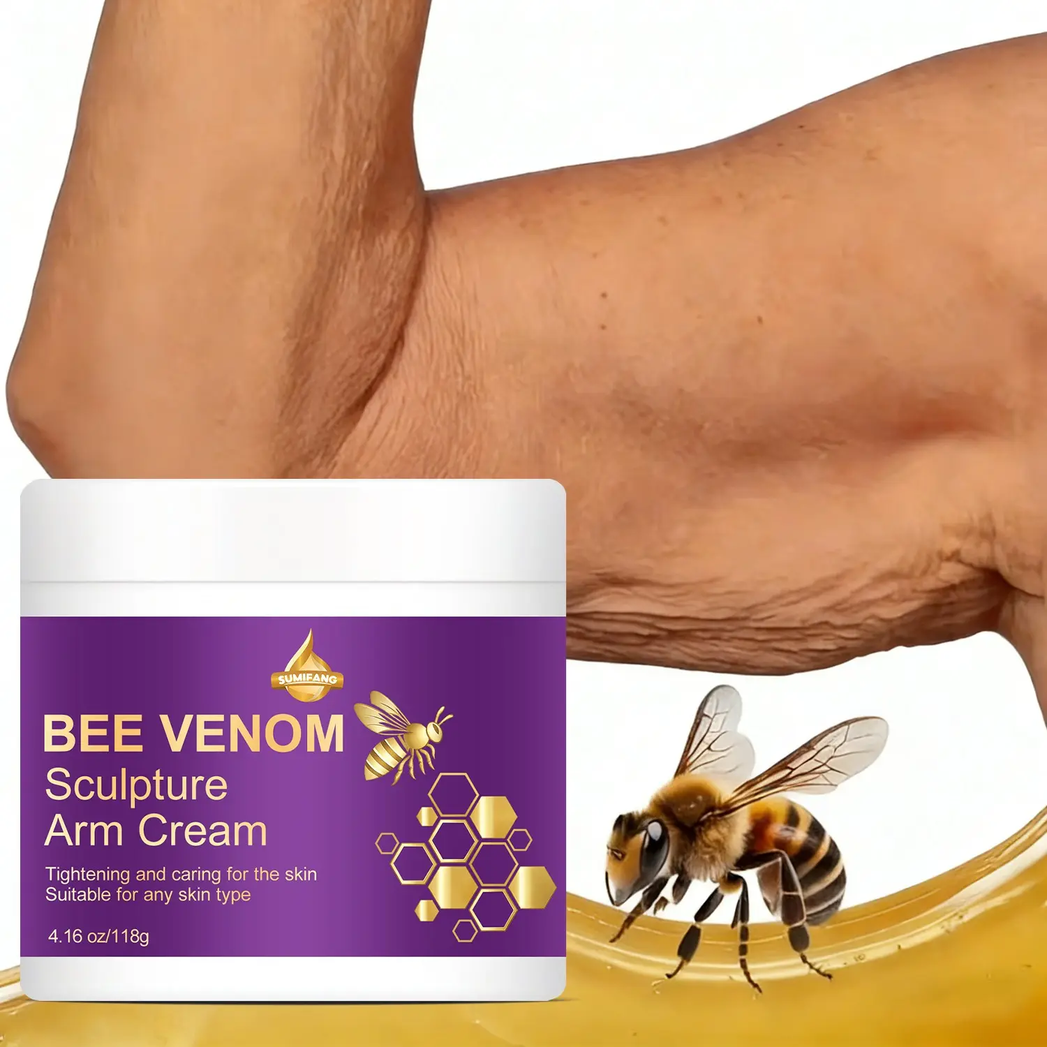 SUMIFANG Bee Venom Arm Smoothing Cream 118g – Smooths and softens skin; features collagen peptides and Vitamin C; silky texture; lightweight and non-sticky; suitable for arms and body.