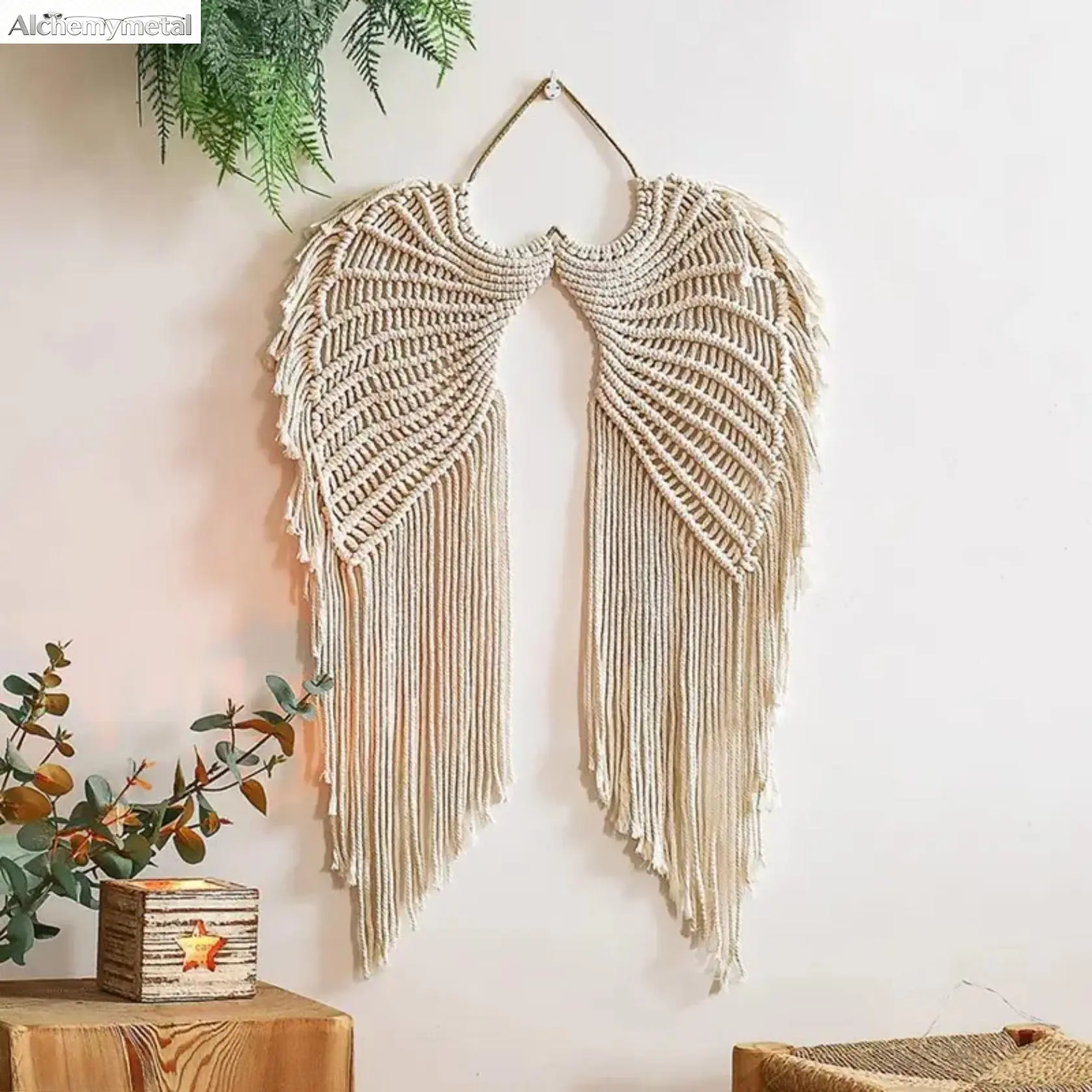 Macrame Wall Hanging - Bohemian Angel Wings Woven Cotton Rope Tapestry, Handcrafted Fringe Decorative Wall Art, Bohemian Tapestry Style Home Decorative Ornament for Living Room, Decoration, Hangable, Wall Decor Men's Oversized Lion Head Pendant Necklace