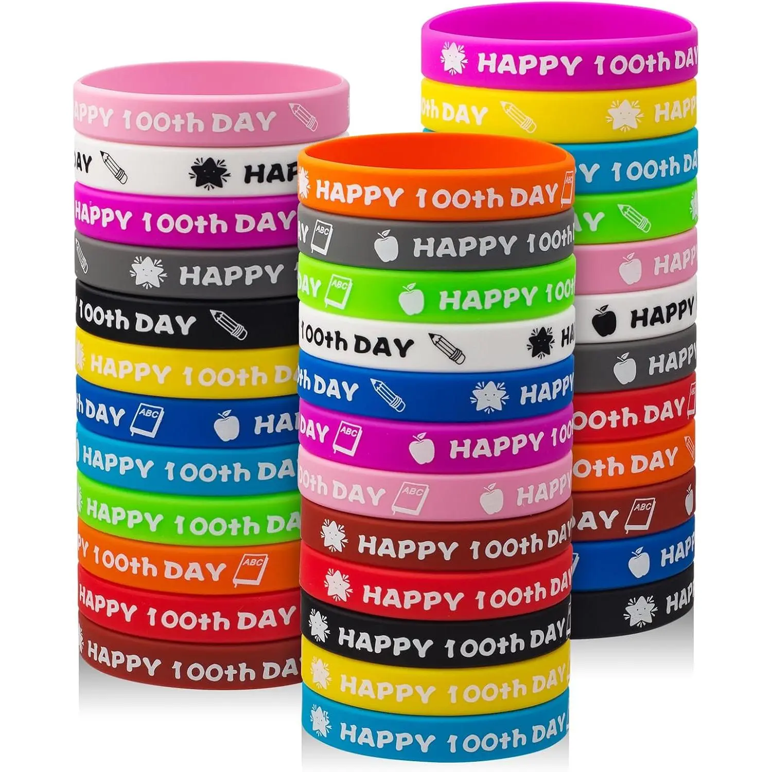 36 count Happy 100th Day Bracelets Colorful  Wristbands Cute 100th Day of School Gifts Rubber Bracelets for School Classroom Party Favors  Student Rewards