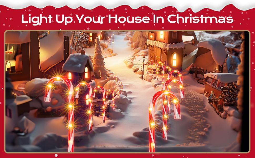 Candy Cane Christmas String Lights, Connectable Pathway Lights, 10-Piece Pathway Light Set Ideal for indoor/outdoor pathways, patios, gardens, lawn decorations, Christmas tree decorations, garden holiday decorations, and outdoor decor QH Red Ornaments