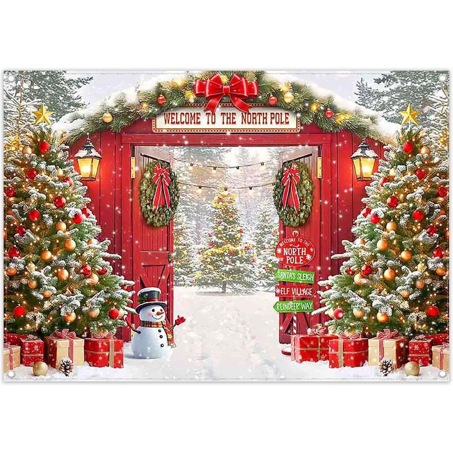 7x5ft Fabric Christmas Snowy Scene North Pole Photography Backdrop | Winter Xmas Pine Trees Banner, Red Barn Door Background, Family Holiday Party Decorations, Photo Booth Props