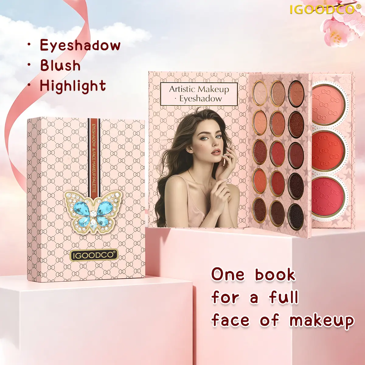 IGOODCO(IG3335)3-in-1 Makeup Palette - 18 colors of eyeshadow, 3 colors of blush, and 3 colors of highlighter. May be matte or shimmer, perfect for any style.