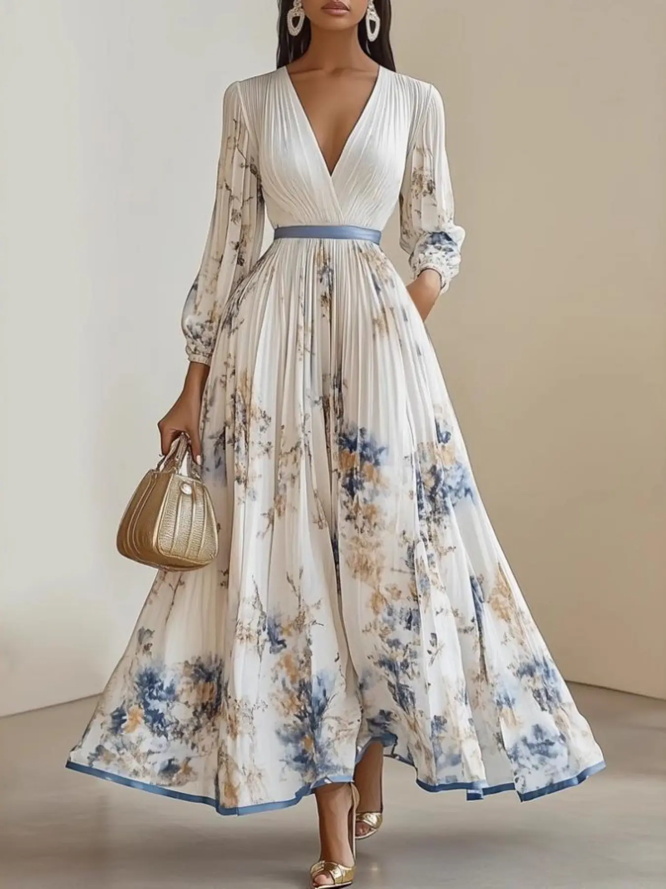 2026 New Summer Fashion Vintage Floral Print Long Sleeve V Neck Dress, Elegant Party Gown, Lightweight Luxe Design, All-Season Wear