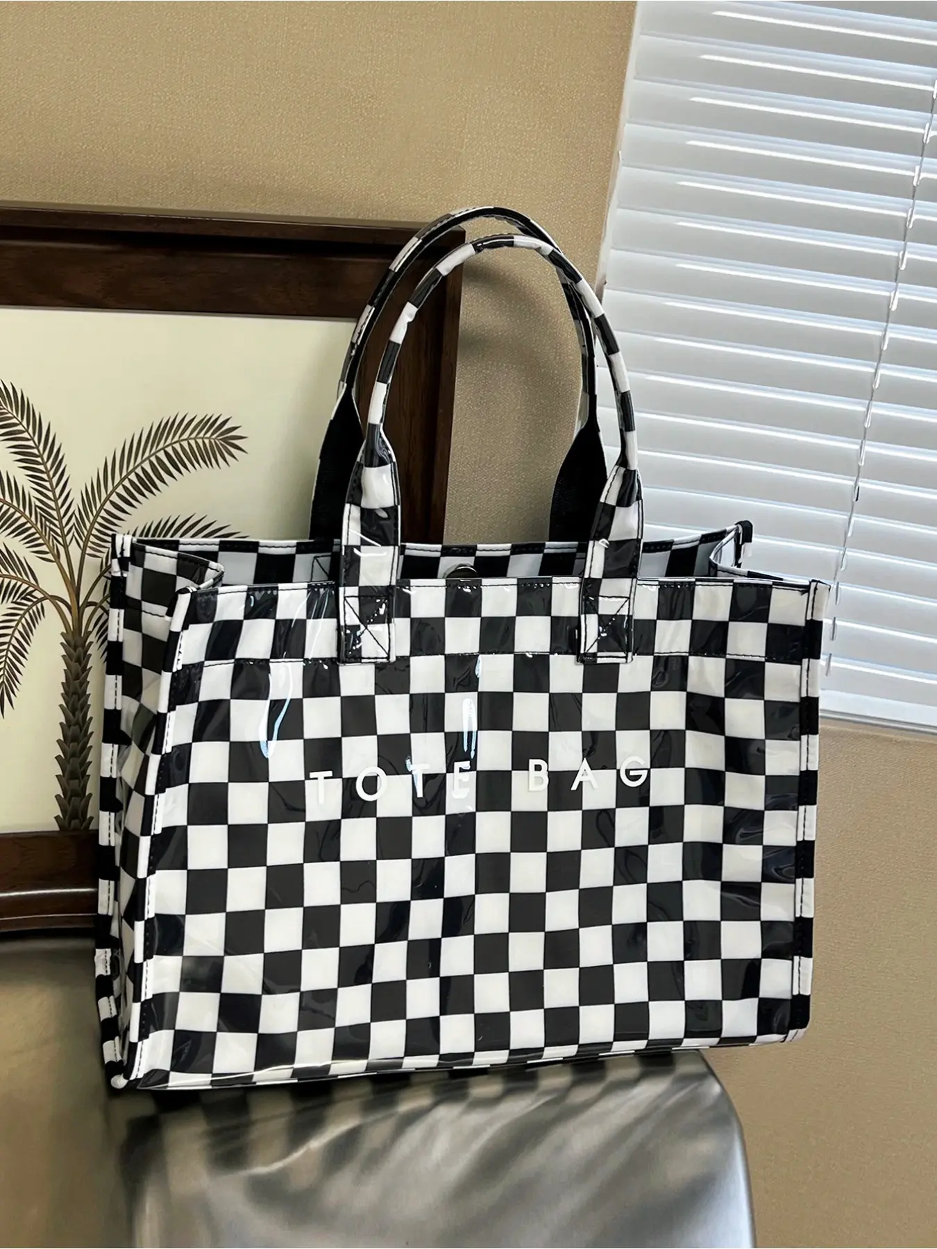 New Shiny Checkered Tote Bag 5 Colors Waterproof PVC Large Capacity Handbag Shoulder Bag for Students Commute Travel Daily Casual Everyday Bag