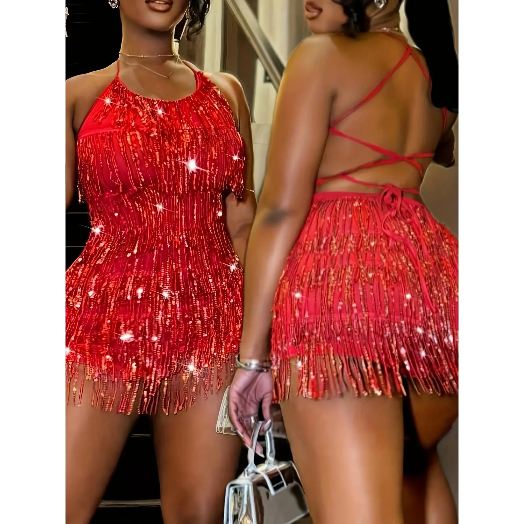 2026 New Carnival Carnival Sexy Hot Nightclub Style Multi-Layer Tassel Beaded Thin Strap Cross-Back High Elasticity Bodycon Jumpsuit Dress, Suitable for Valentine'S Day Halloween Christmas Holiday Party Dance Performanc,Removable,Burgundy,Gold,Qu,cocktail