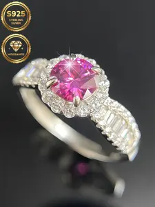 Magenta Moissanite Engagement Ring, Bow Design, D Color 6mm Round Cut, S925 Sterling Silver, Elegant Proposal Gift for Women
