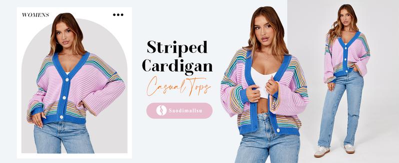 FMEYOA Womens Striped Cardigan Sweaters Oversized Puff Sleeve Button Up V Neck Color Block Knit Sweater Coat