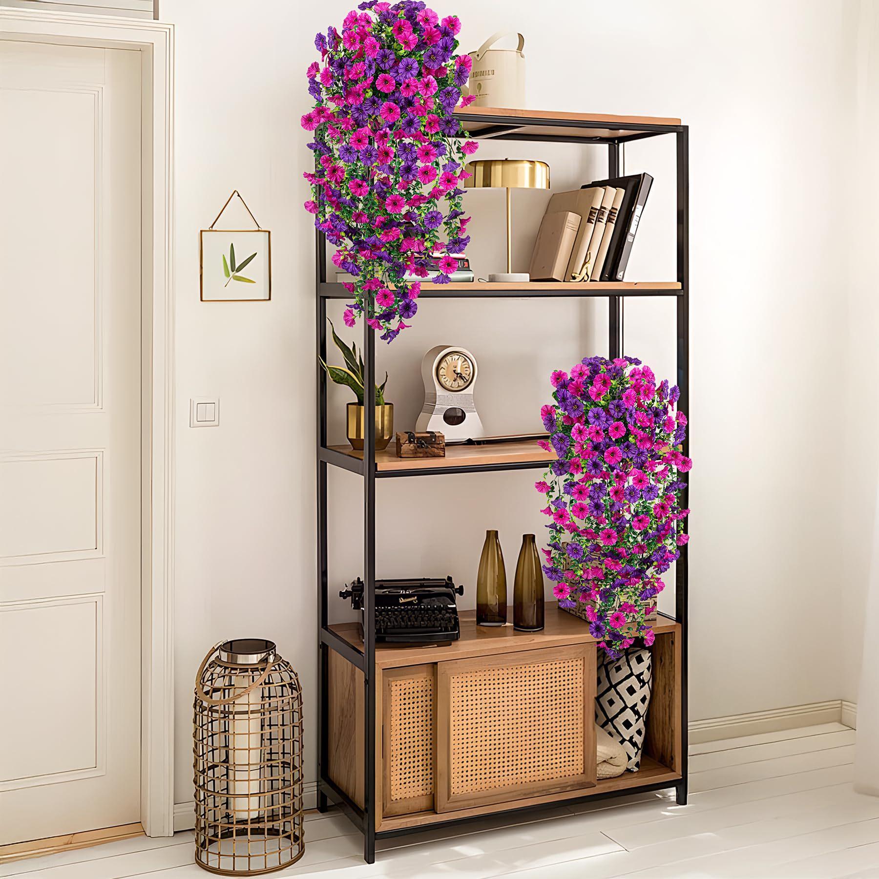 2 PCS Artificial Fake Hanging Flowers Plants for Outdoor Spring Decoration,Hanging Dendrobium Orchid Purple Flowers- Resistant Realistic Morning Glory Trailing Vines for Home Porch Patio Balcony