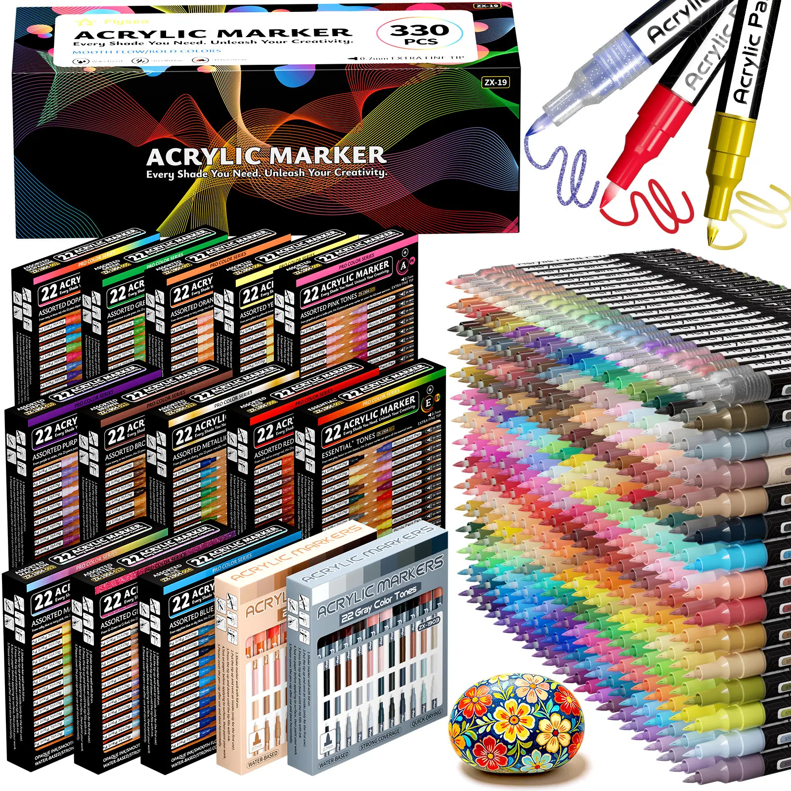 Flysea Acrylic Paint Marker Set, 330 Colors, 22 Colors Valve Direct Ink, Fine Tip 0.7mm, Quick Dry, Suitable for Various Surfaces