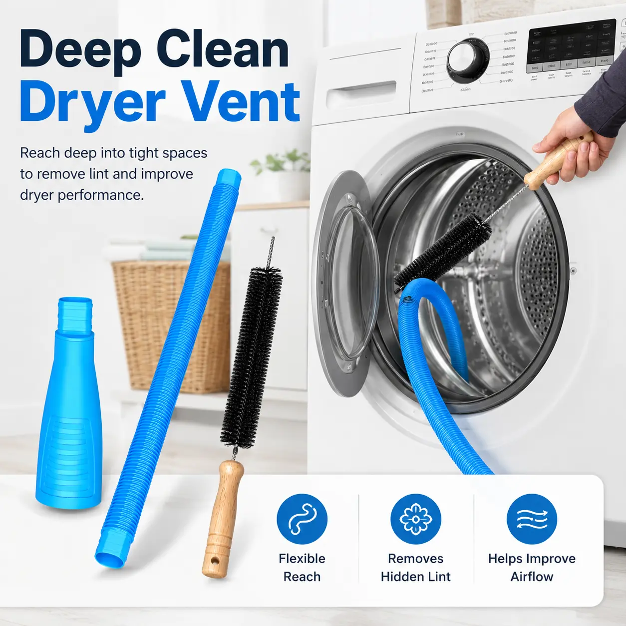 2-Piece Dryer Vent Cleaner Kit with Universal Vacuum Hose Attachment & Lint Brush for Deep Cleaning