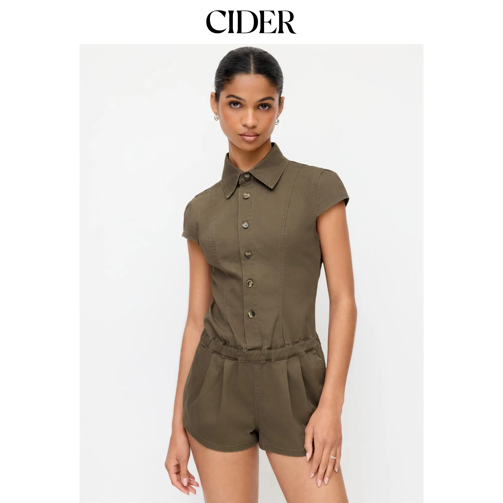 Cider Denim Stand Collar Ruched Mid Rise Regular Romper