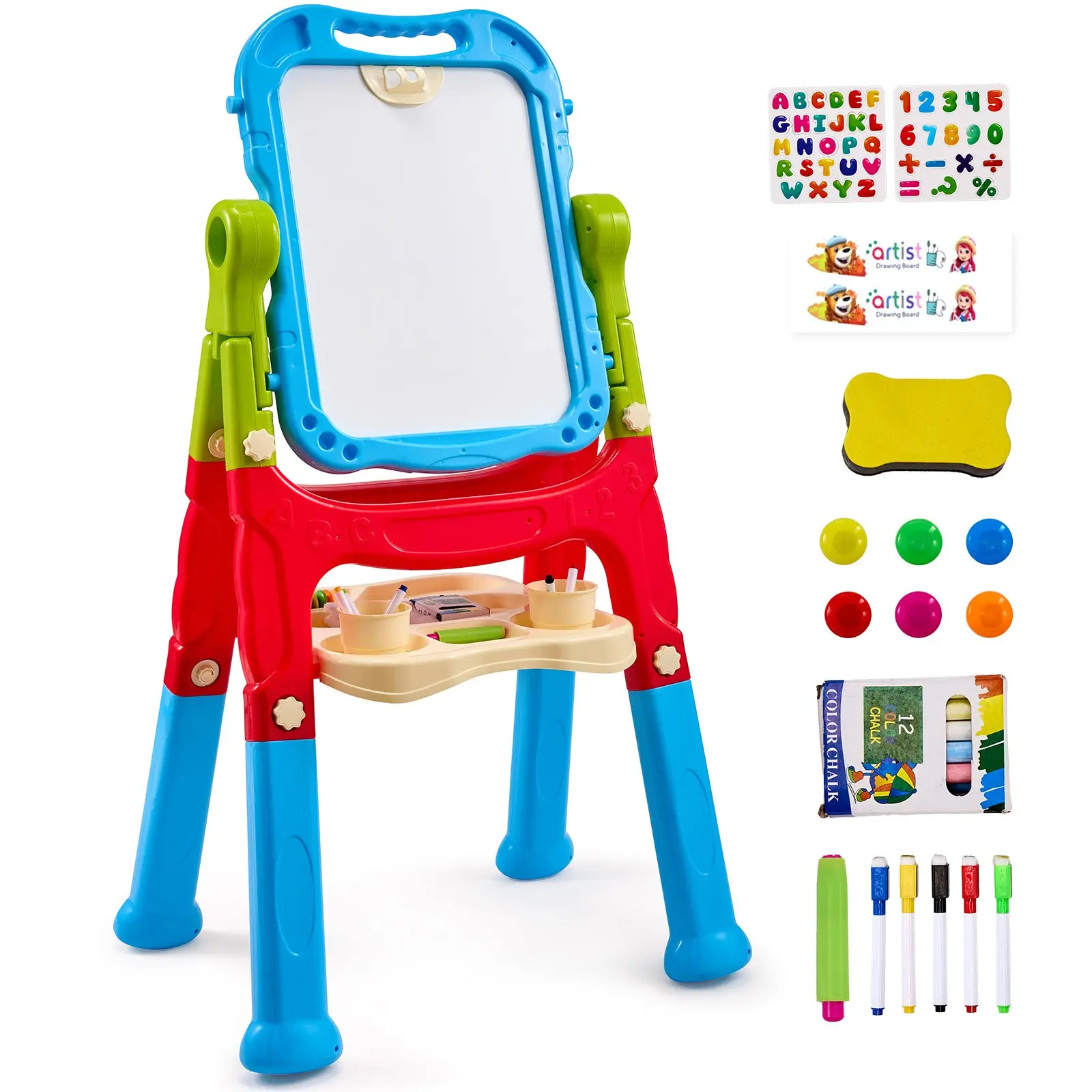 VEVOR Kids' Art Easel, 2-in-1 Unisex Double-Sided Magnetic Whiteboard-Chalkboard, 360° Rotating Removable Adjustable Standing Board with Painting Accessories for Girls & Classroom Use