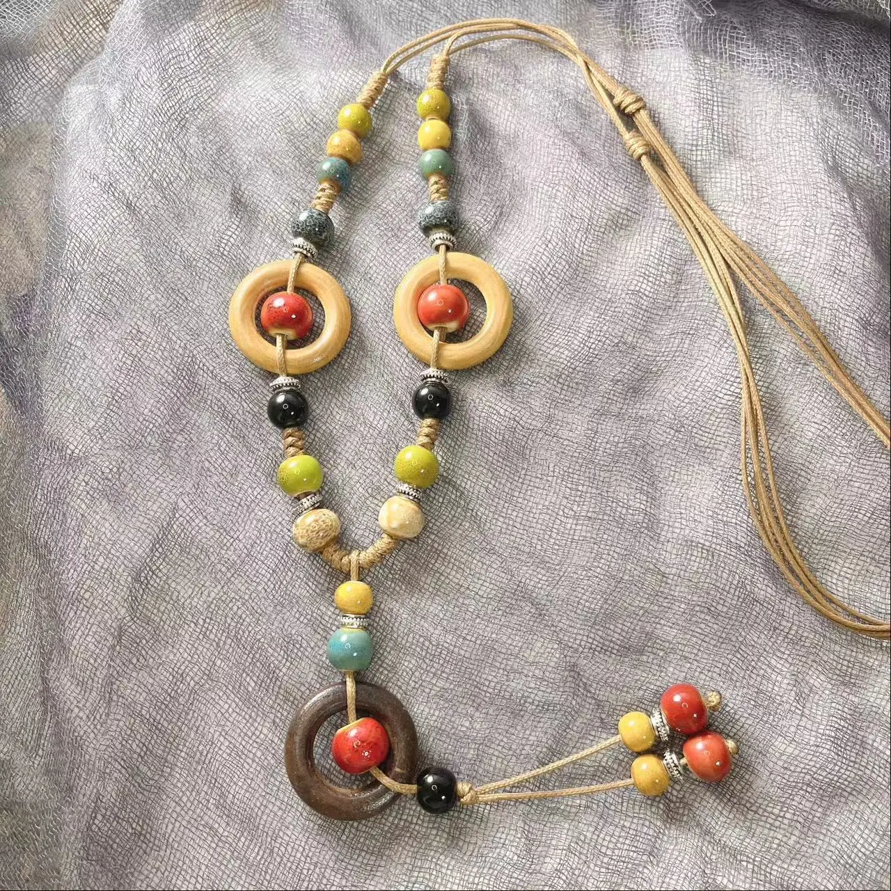 New Chinese style colorful bead ethnic style retro West Asian ceramic woven rope necklace niche pendant high-end Zen accessories