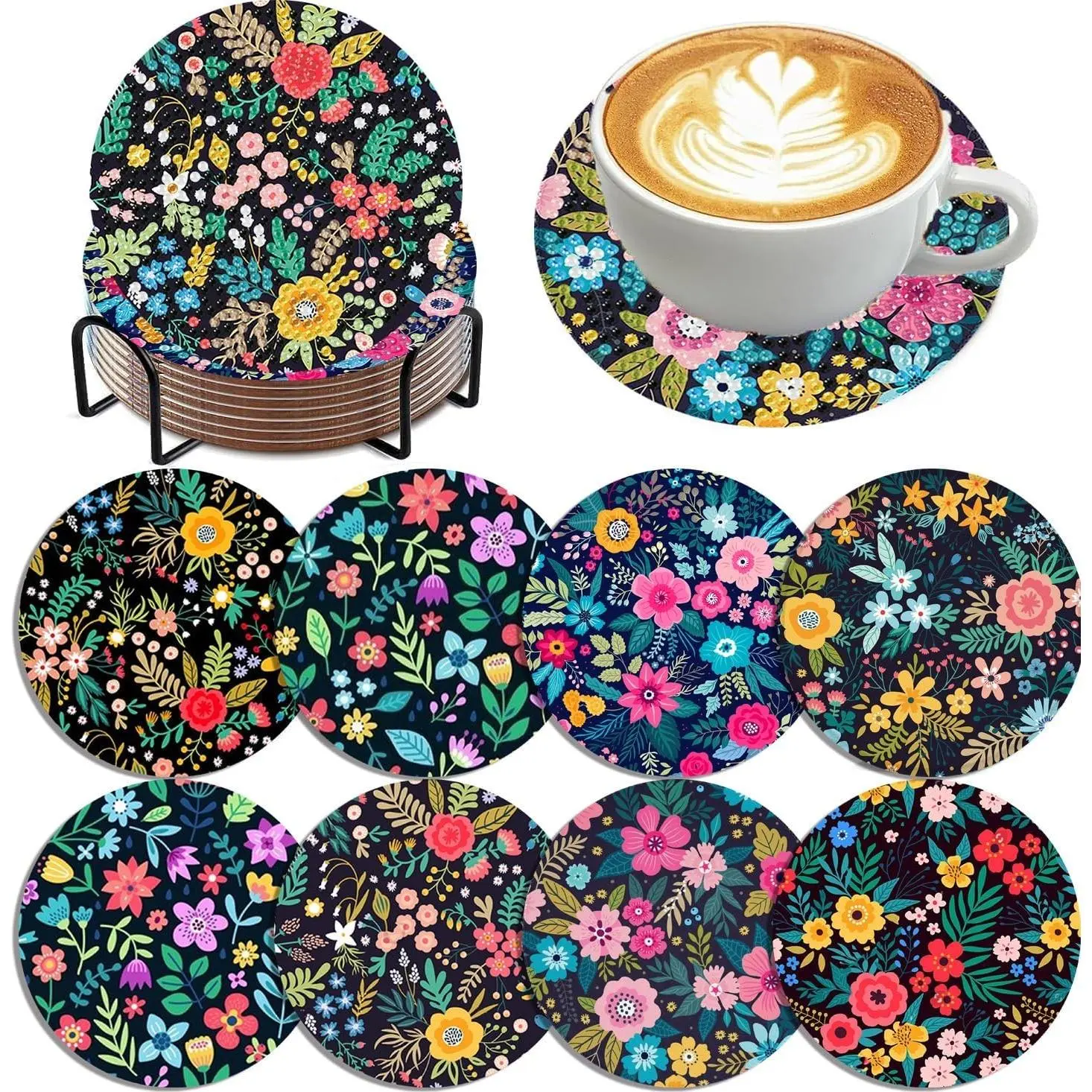 8 Pack Diamond Art Coasters Kits Flowers Diamond Painting Coasters Kit Set with Holder Cork Pads DIY Coffee Drink Diamonds Art Non Slip Coaster Crafts Kits for Adults Beginners Gifts