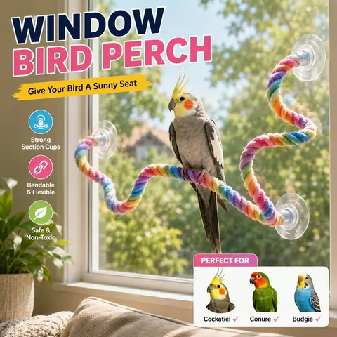 Window Bird Perch, Flexible Suction Cup Climbing Rope Supplies for Cockatiel, Conure, Budgie and Small Birds