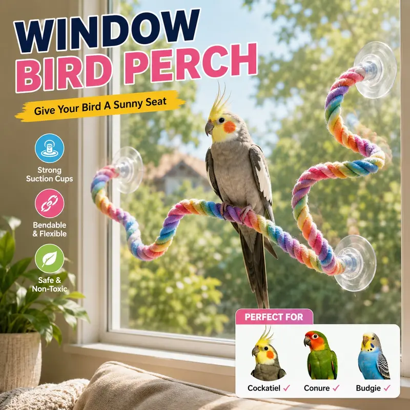 Window Bird Perch, Flexible Suction Cup Climbing Rope Supplies for Cockatiel, Conure, Budgie and Small Birds
