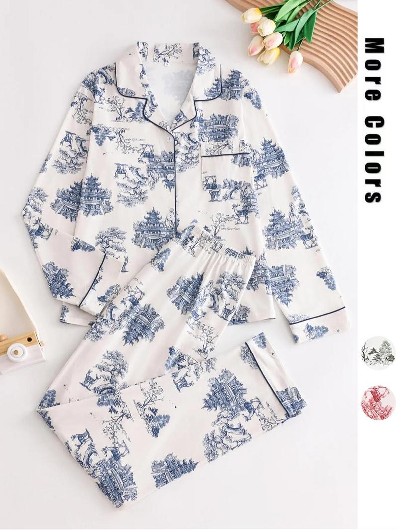 Women's 2-Piece All Over Print Button Front Pocket Lapel Shirt & Elastic Waist Pants Pyjama Set, Casual Comfy Long Sleeve Top & Trousers Matching Pj Set, Women's Sleepwear for Spring & Fall