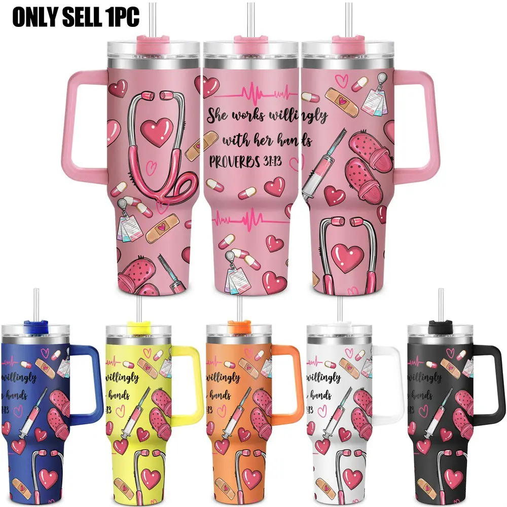 Nurse Pattern 40oz Insulated Coffee Tumbler with Lid, 1 Count Stainless Steel Water Bottle, Drinking Cup for Home Office School, Gift for Nurse, Birthday Gift, Drinkware