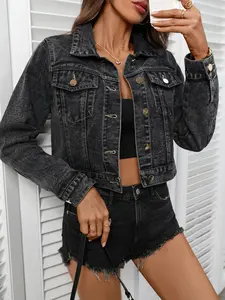 Women's Acid Wash Vintage Short Denim Jacket Coats, Turn-Down Collar Long Sleeve Single Button, Retro Streetwear Outerwear