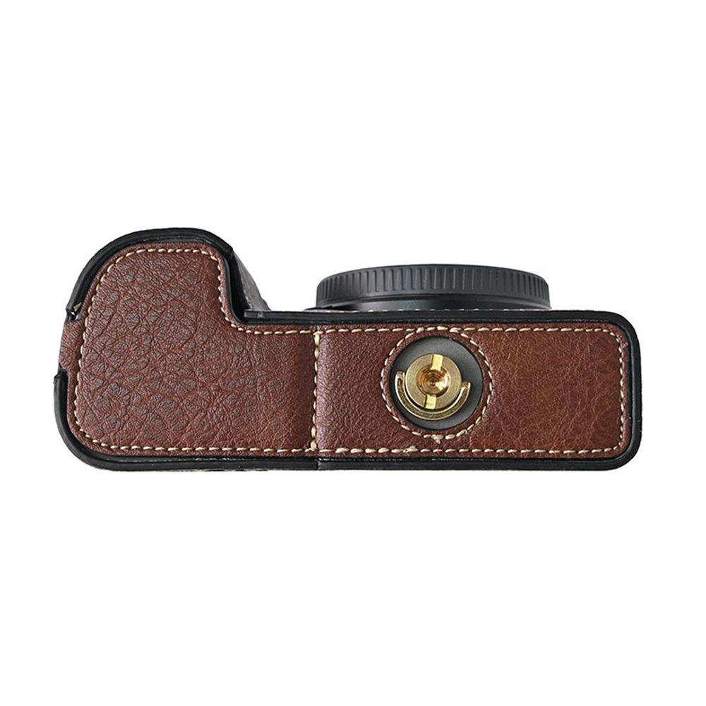 Litchi Pattern PU Leather Camera Half Case for Sony A6300 A6400 A6000 A6100 Bottom Opening Magnetic Cover With Strap