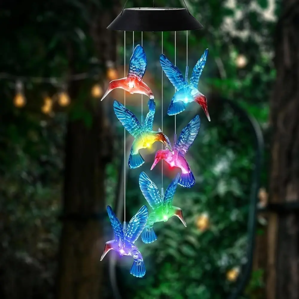 Outdoor Solar Decorative Light, Blue Hummingbird Color-Changing Wind Chime, Waterproof Hanging Lamp, Ideal Gift for Mom, Wife, Daughter, Hummingbird Wind Chimes