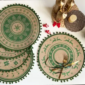 Vintage Christmas Printed Round Jute Woven Placemat, Retro Decorative Coaster & Photo Prop