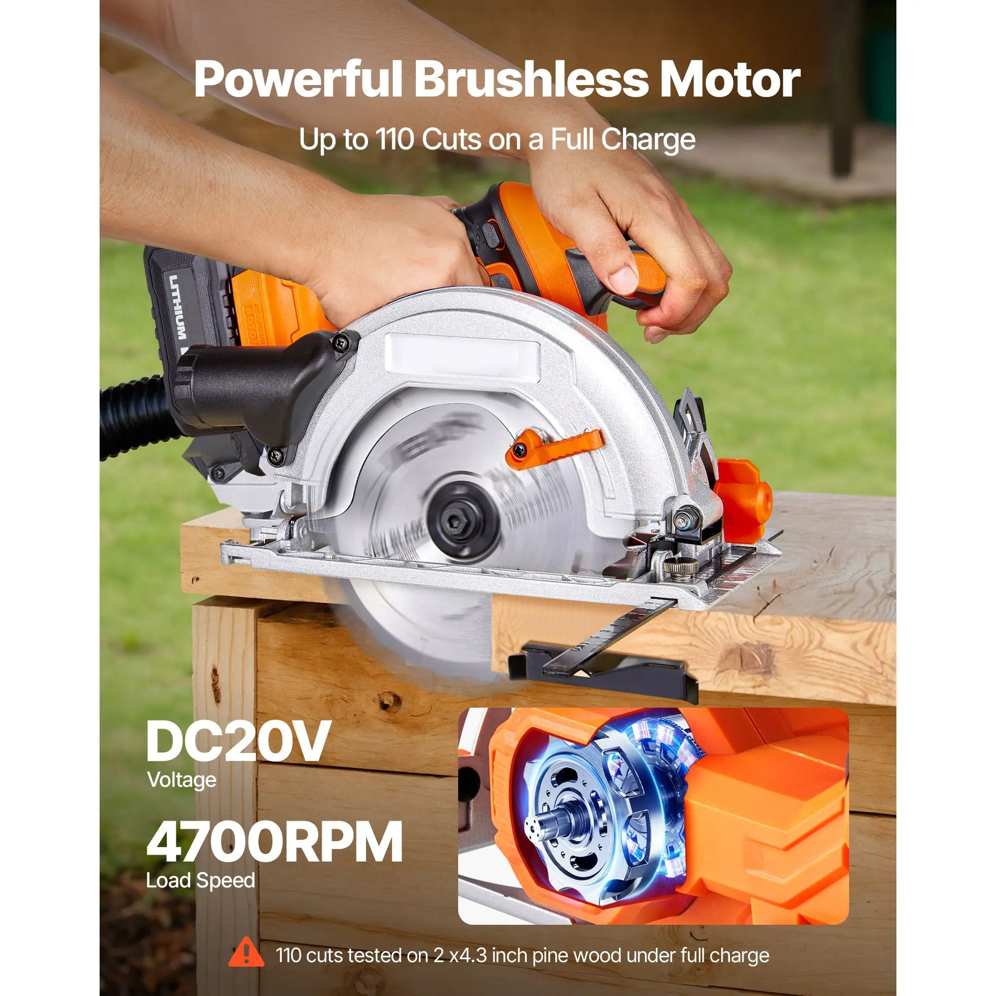 Cordless Brushless Circular Saw Kit, 6.5-in Blade, 4700 RPM Speed, 0-45 Degree Bevel, LED Lights, Battery & Charger Included, for Wood Cutting