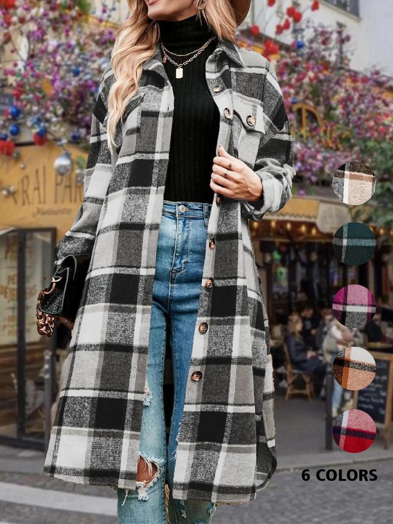 Women's Colorblock Plaid Print Button Front Drop Shoulder Coat Casual Long Sleeve Collared Pocket Coat Jackets for Fall & Winter, Women's Clothing for Daily Wear