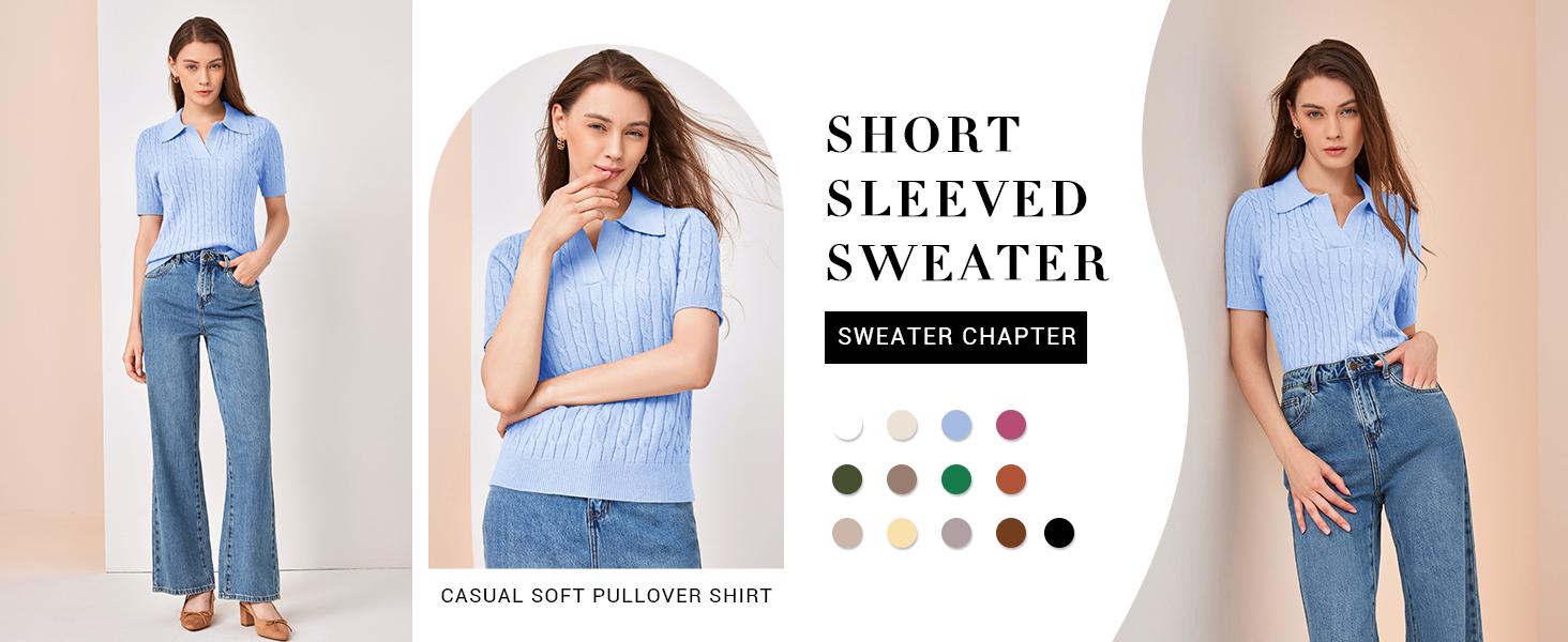 Saodimallsu Women's Cable Short Sleeve Sweaters Tops Solid Lapel V Neck Knit Casual Soft Pullover Shirt