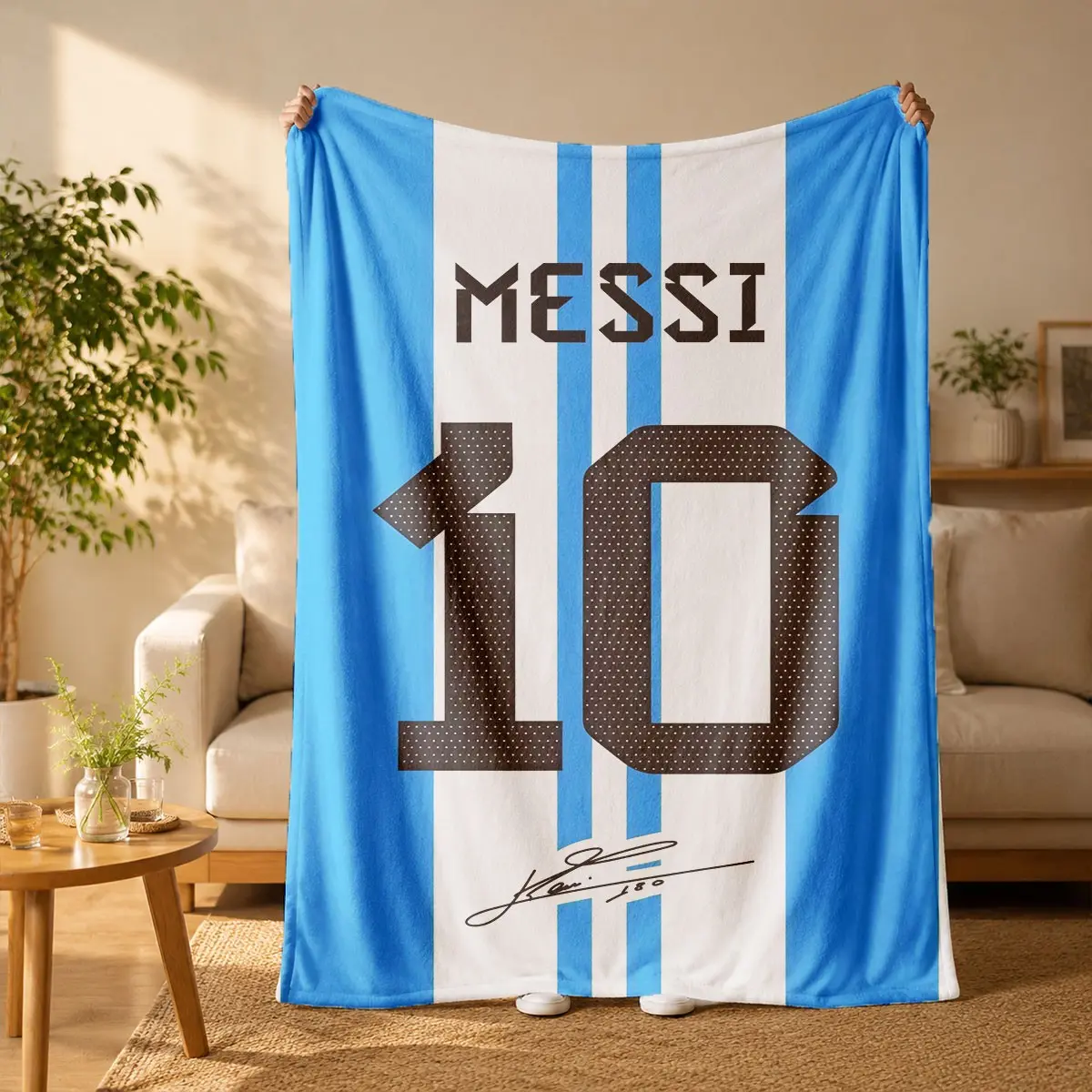 Messi No.10 Argentine Flag Flannel Blanket, Blue and White Striped, All-Season Soft Lightweight Breathable Throw for Bed, Sofa, Decorative Gift (Textiles & Bedding Linens), Argentinian Flag Blankets